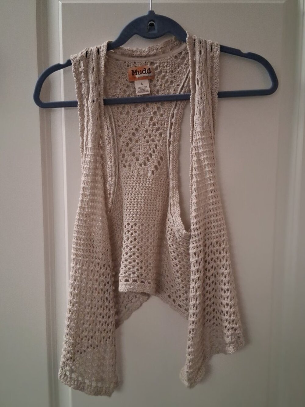 Mudd Women's Beige Crochet Knit Boho Sleeveless Vest Open Front Y2K